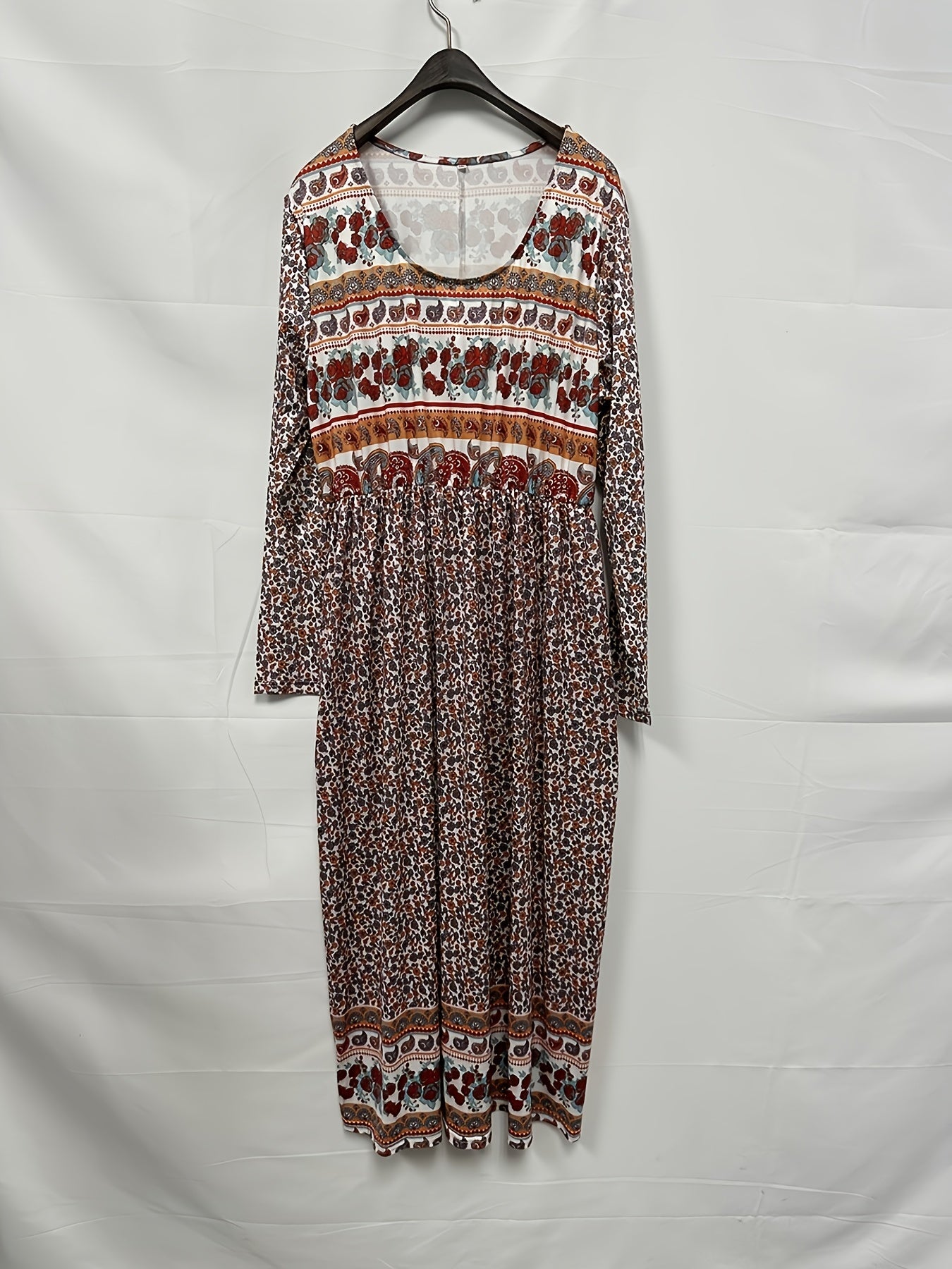  Boho Dress Colorblock Floral Print Long Sleeve Round Neck Dress