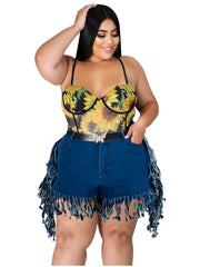  Fringe Trim Denim Shorts Women's Plus Medium Stretch Jean Shorts