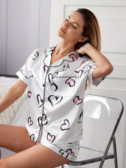 Heart Print Pajama Set Short Sleeve Top & Shorts