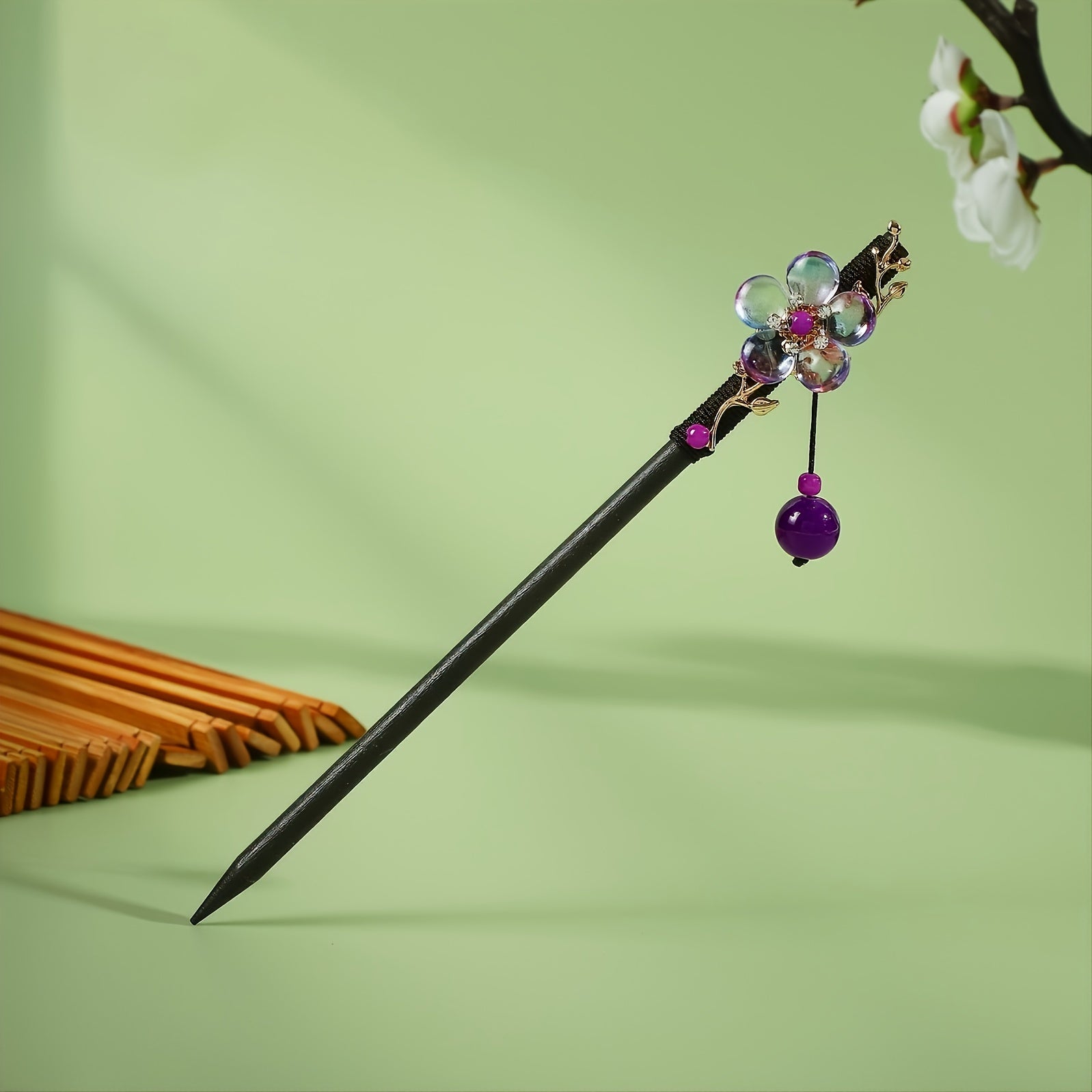 Vintage Cheongsam Hairpin Small Flower Leaves Tassel Wooden Hairpin