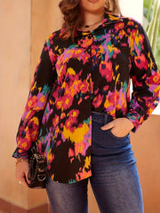  Random Print Long Sleeve Button Up Blouse