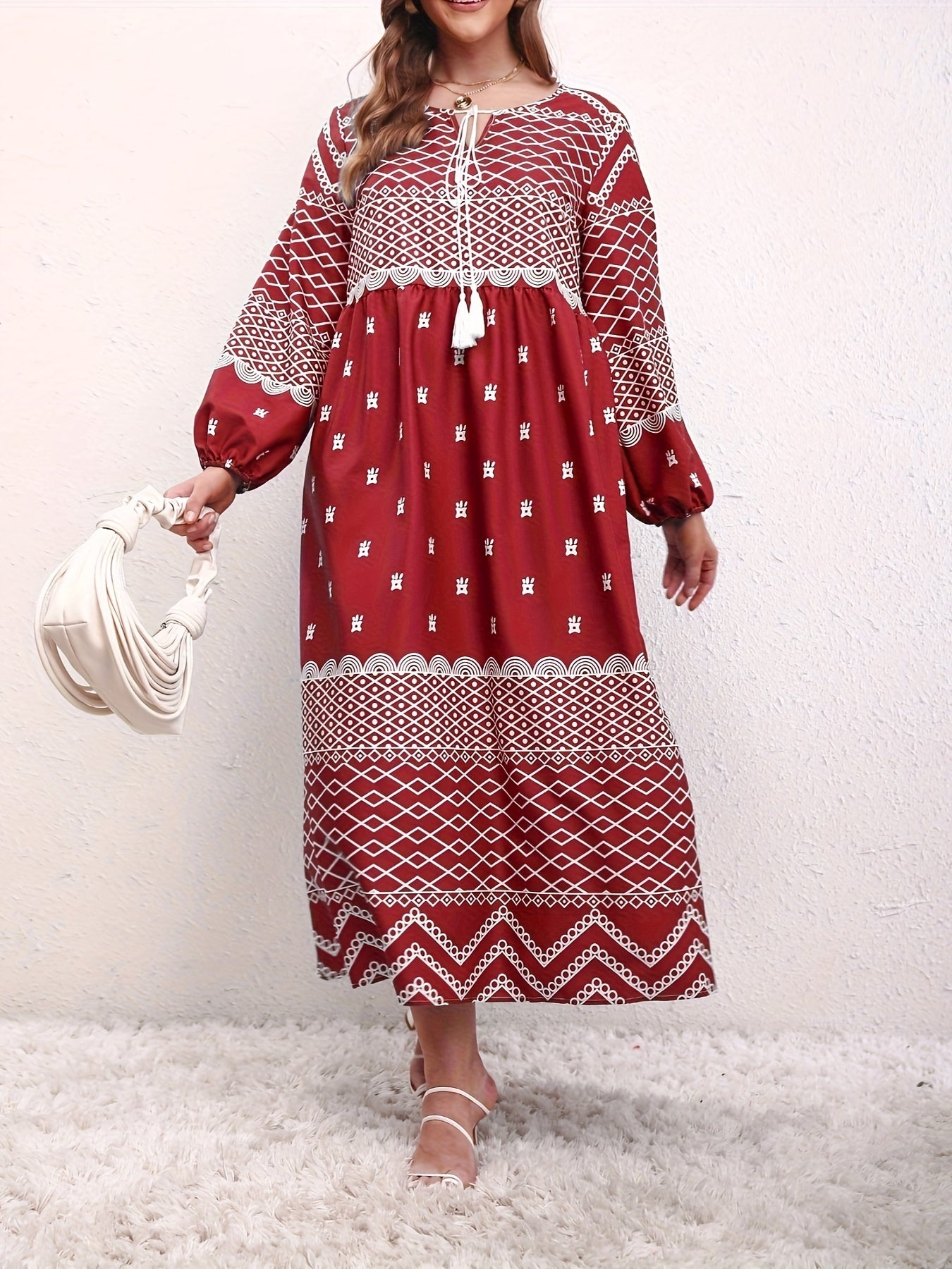  Boho Dress Women's Lantern Sleeve Keyhole Tie Dress