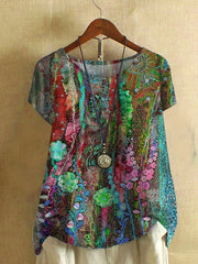  Floral Print Button Crew Neck Short Sleeve Blouse