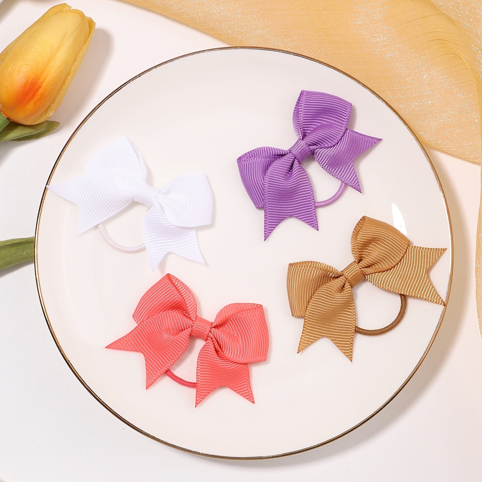 4pcs Baby Girls Hair Bowknots Solid Ring & Swallowtail Ties