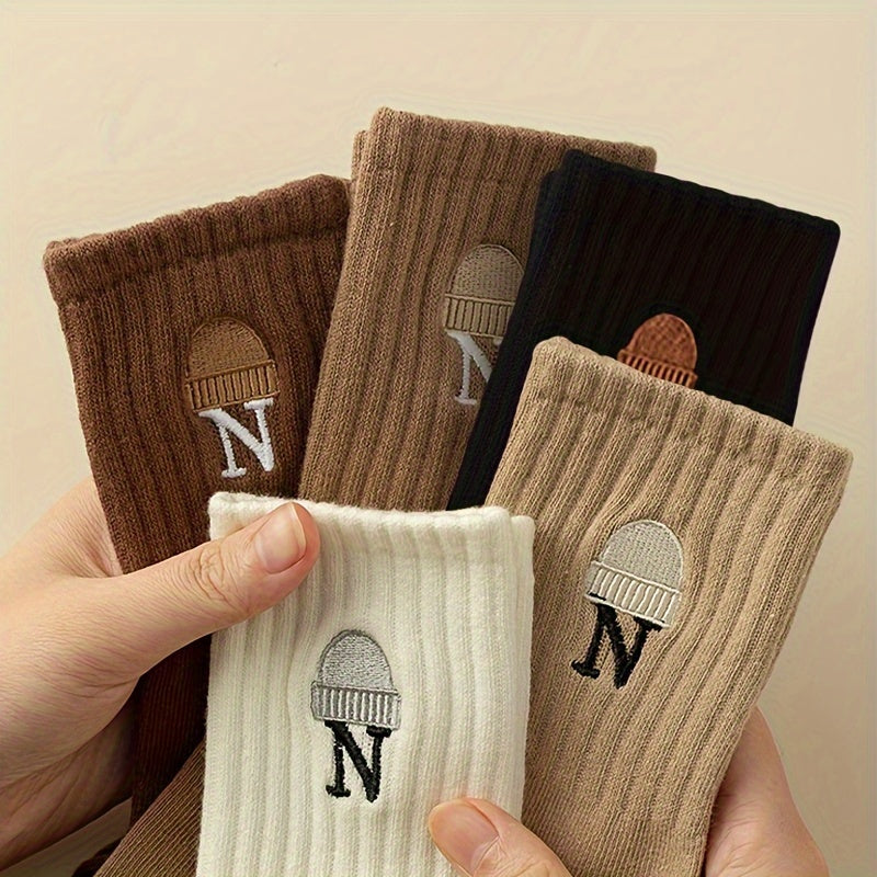 5 Pairs Letter & Hat Pattern Socks Soft Mid Tube Stockings