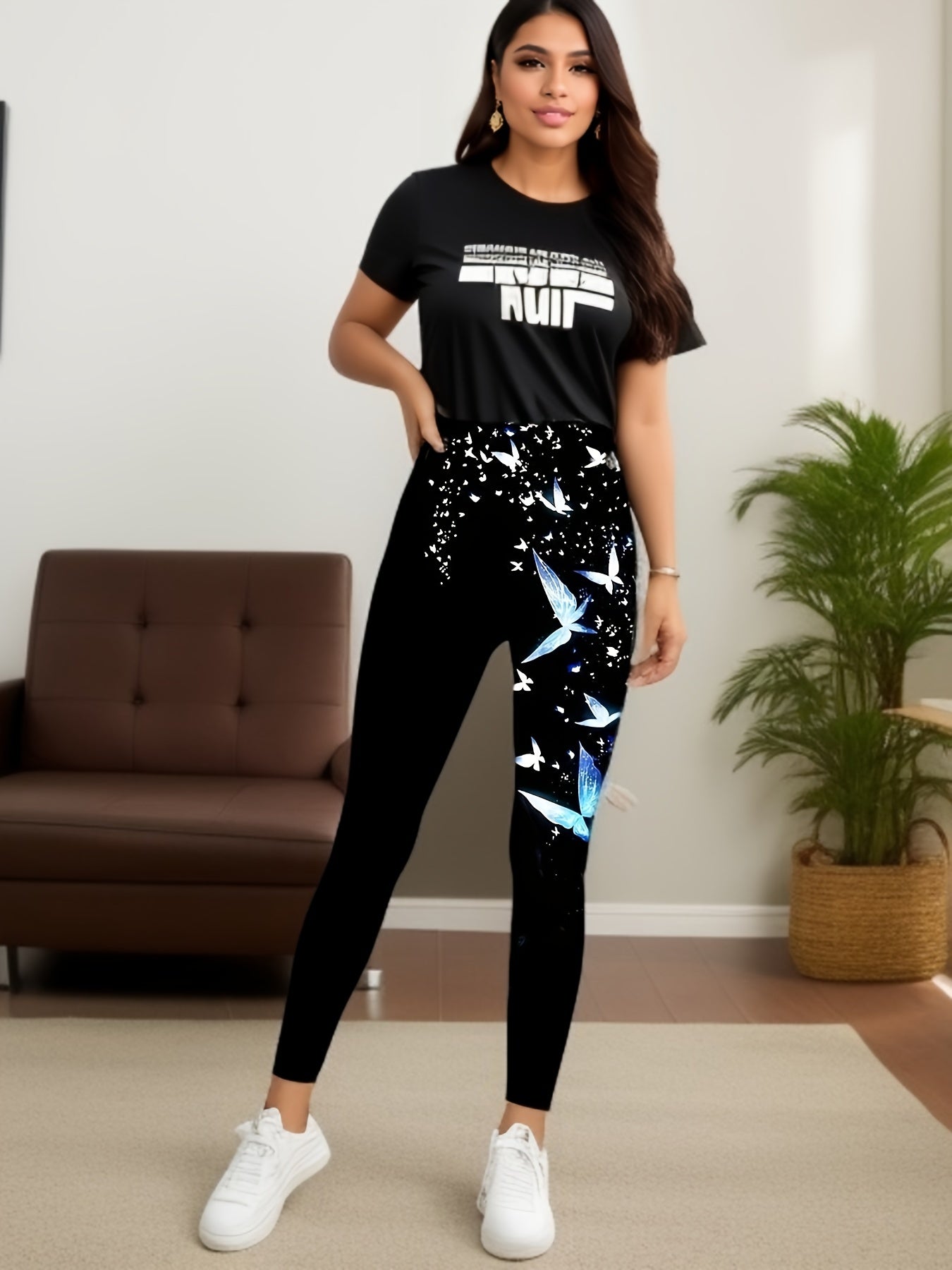  Butterfly Print Elastic Waist Leggings