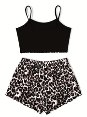 Scallop Trim Cami Pajama Set & Leopard Print Shorts