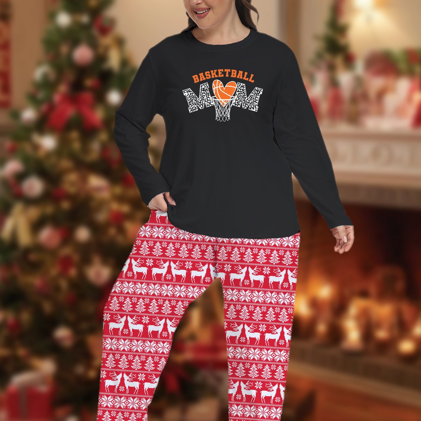 Plus Size Christmas Sporty Pajamas Set - Heart Basketball Letter & Elk Str