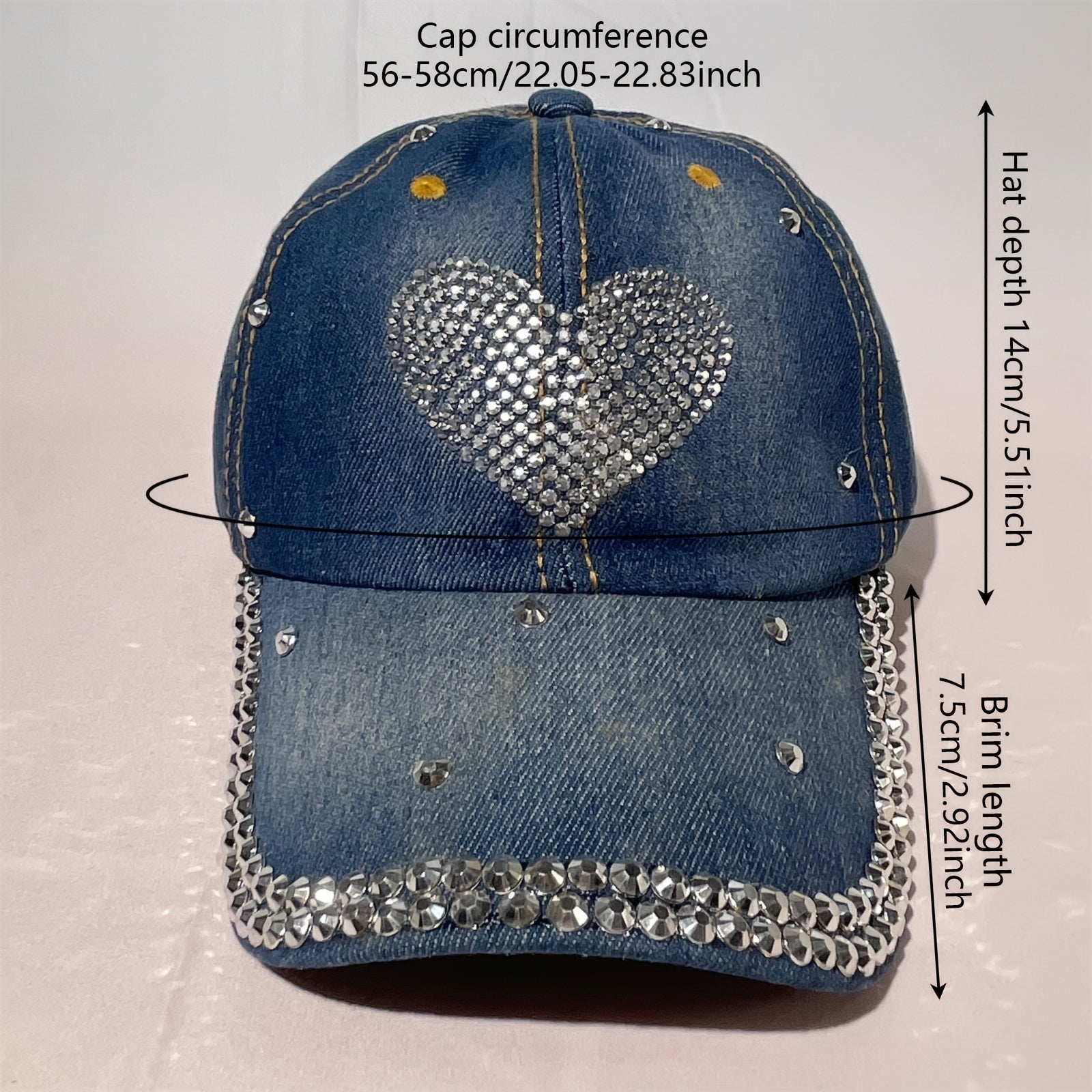 Rhinestone Denim Baseball Cap Studded Bling Heart Hat For Women Girls