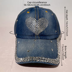 Rhinestone Denim Baseball Cap Studded Bling Heart Hat For Women Girls