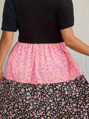  Boho Dress Women's Plus Colorblock Floral Print A Line Mini Dress