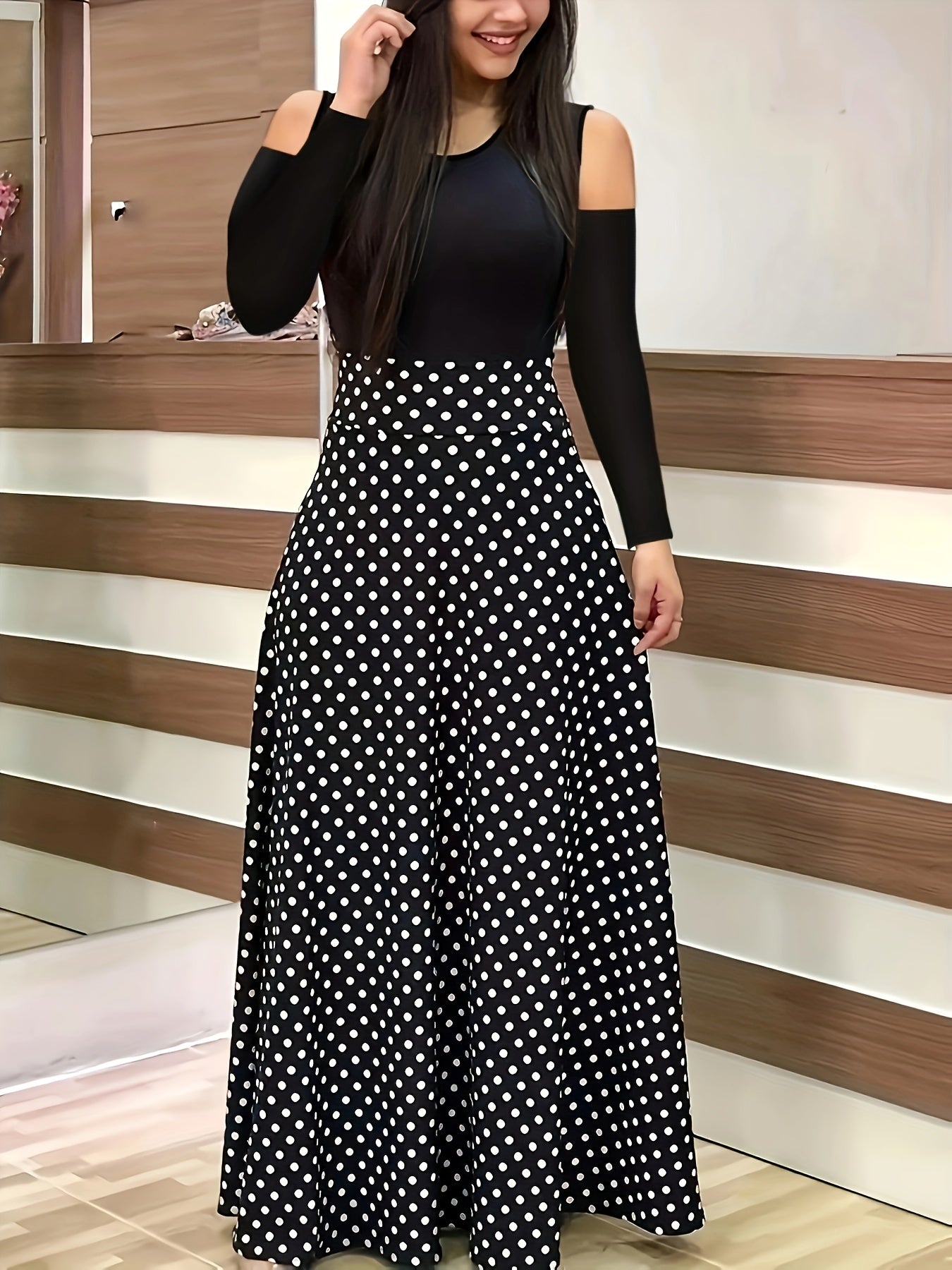  Colorblock Cold Shoulder Maxi Dress
