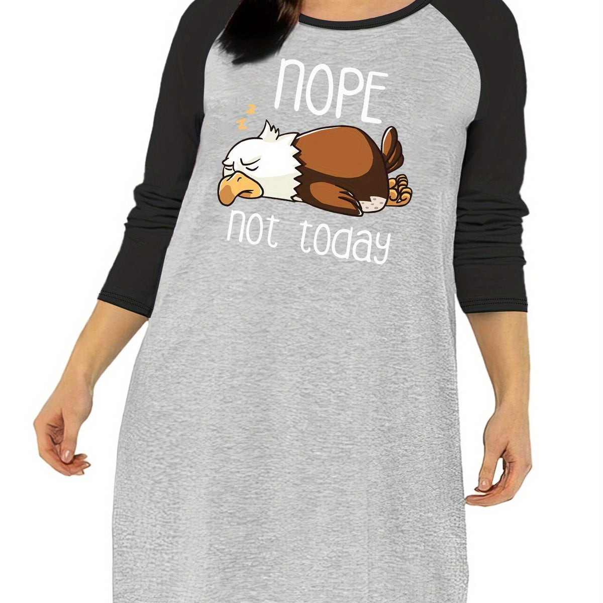  Nightdress Women's Plus Cartoon Eagle & Letter Print Raglan Sleeve Rou