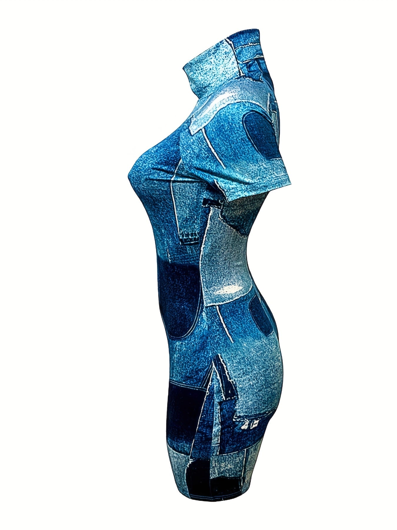 Denim Print Mock Neck Romper Jumpsuit Short Sleeve