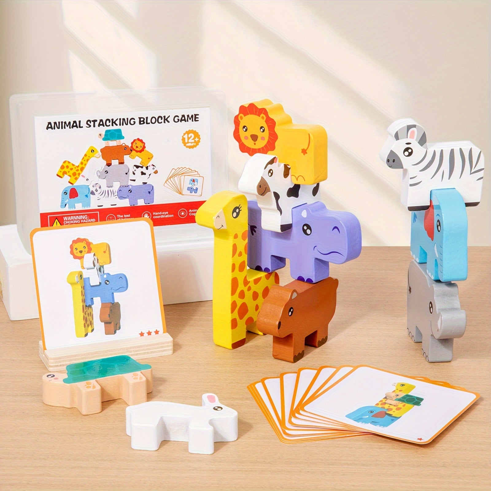 Wooden Animal Sorting & Stacking Blocks Game w/10 Challenge Cards