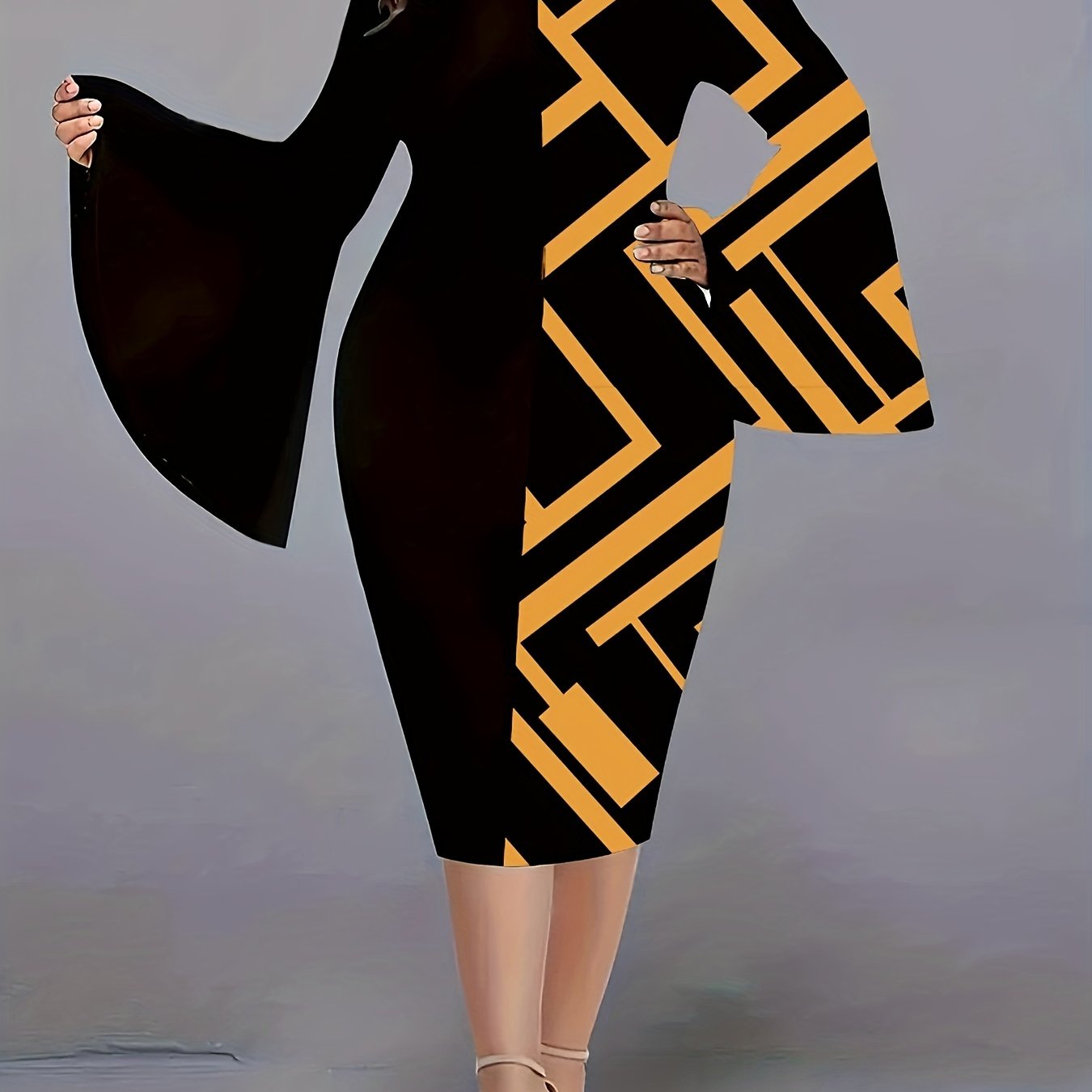  Colorblock Geometric Print Bell Sleeve Midi Dress