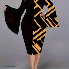  Colorblock Geometric Print Bell Sleeve Midi Dress