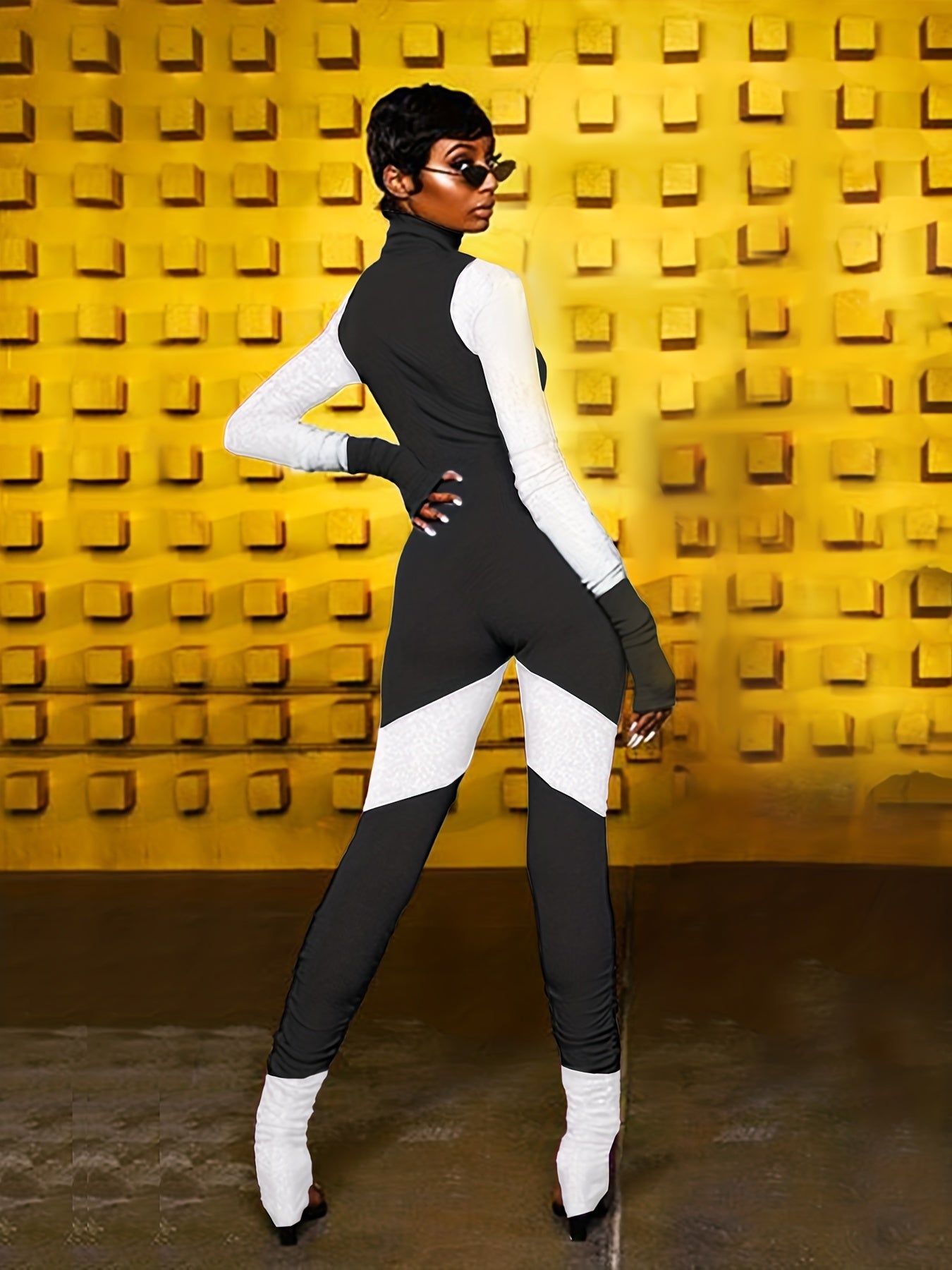 High Neck Zip Up Jumpsuit Long Sleeve Casual
