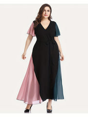  Colorblock Flutter Sleeve V Neck Maxi Dress With Belt
