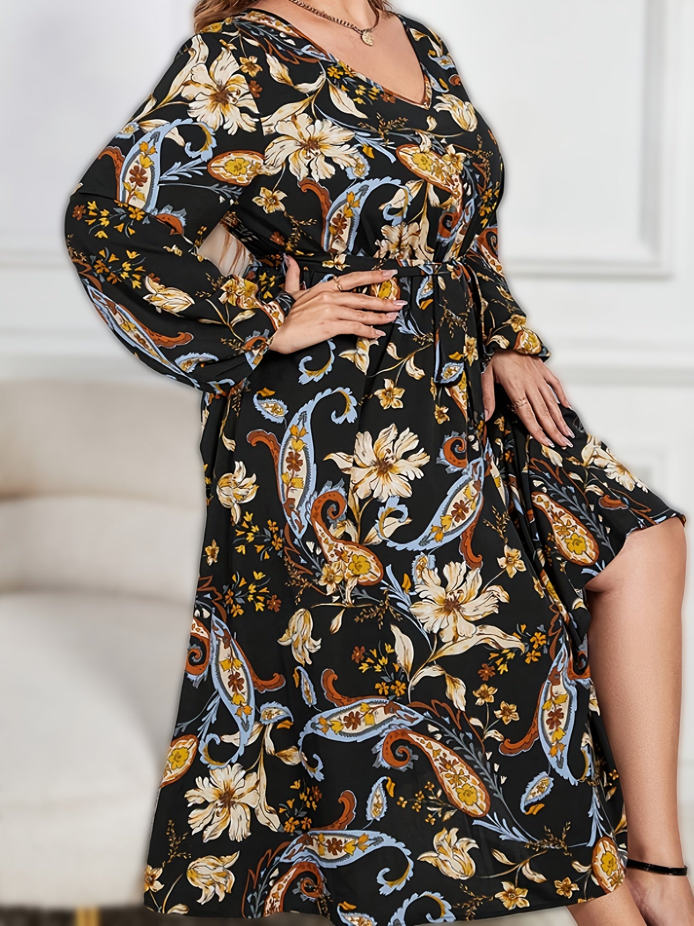  Paisley Print Long Sleeve V Neck Midi Dress With Belt