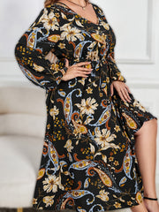  Paisley Print Long Sleeve V Neck Midi Dress With Belt