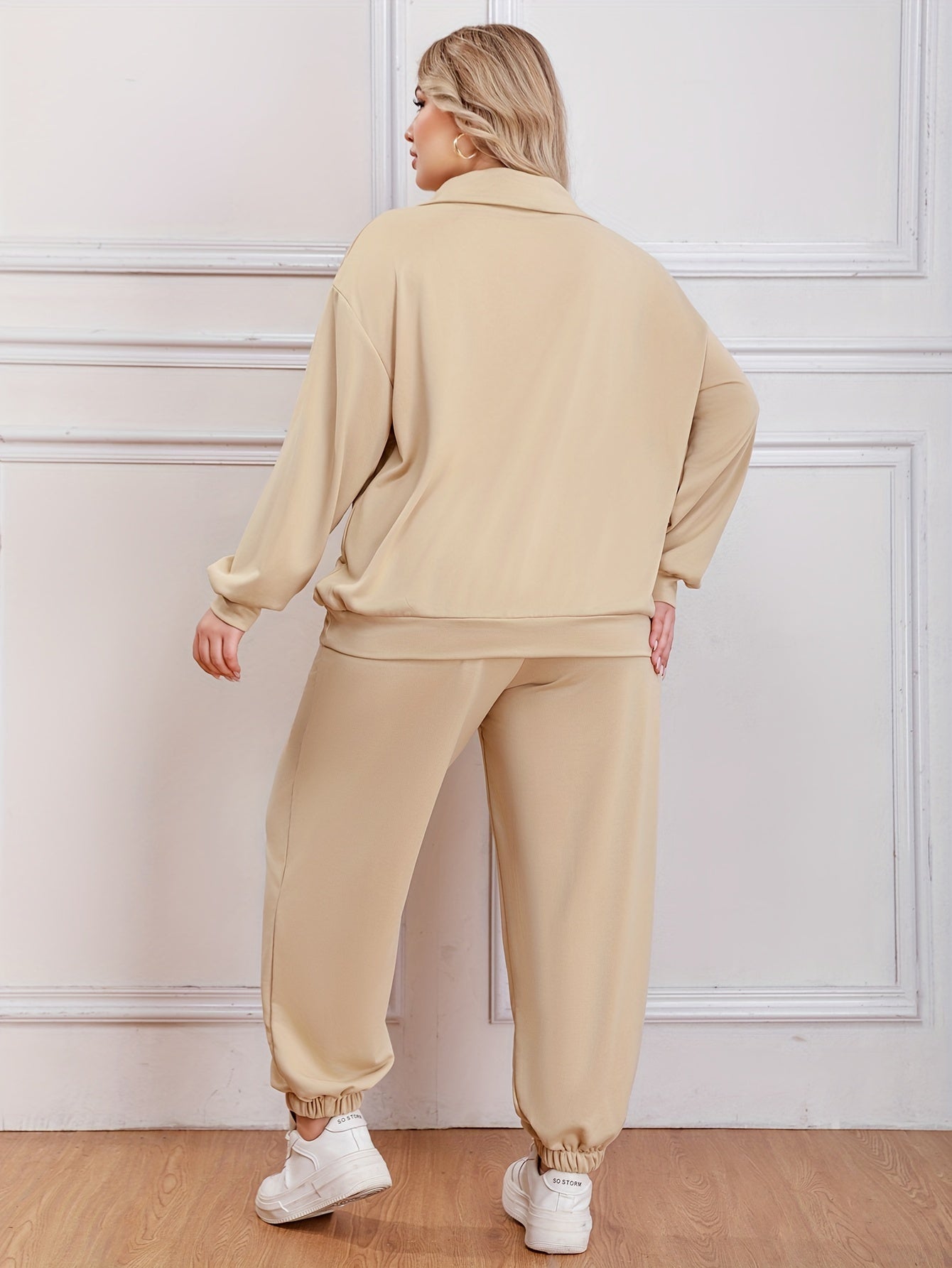  Solid Half Zipper Lapel Top & Jogger Pants Outfits Set
