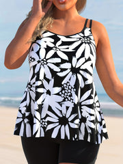  Colorblock Tankini Set Women's Plus Round Neck Tank Top & Shorts Swims