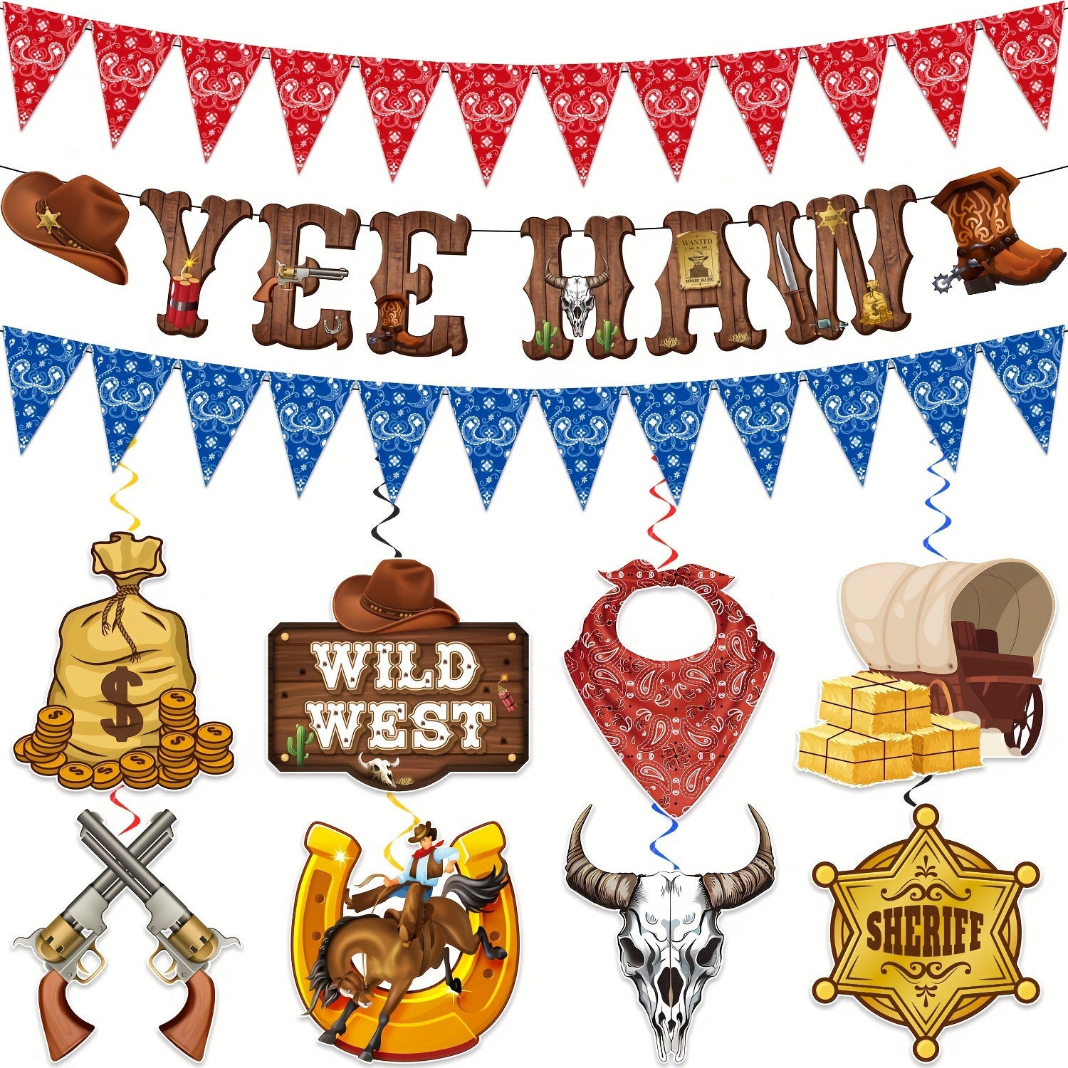 Western Cowboy Party Decorations - Rodeo Banner & Cowboy Hanging Swirls