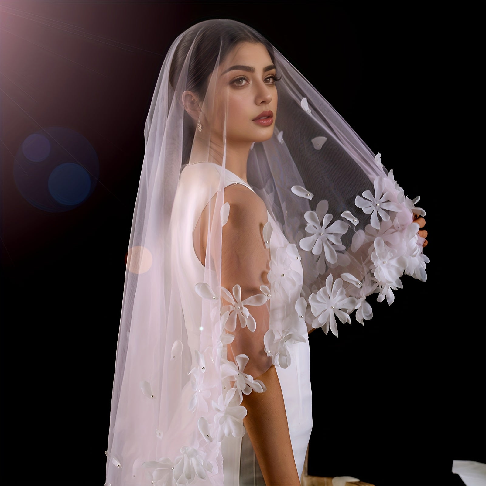 Romantic Single Layer Bridal Veil with 3D Beaded Flowers Wedding Accessory