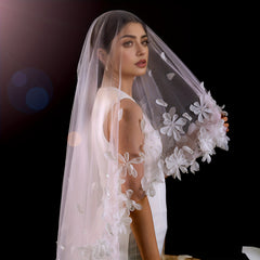 Romantic Single Layer Bridal Veil with 3D Beaded Flowers Wedding Accessory