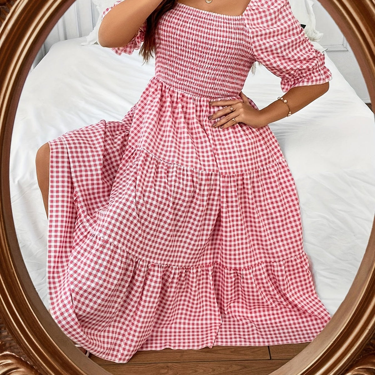  Gingham Print Shirred Bubble Sleeve Smock Dress