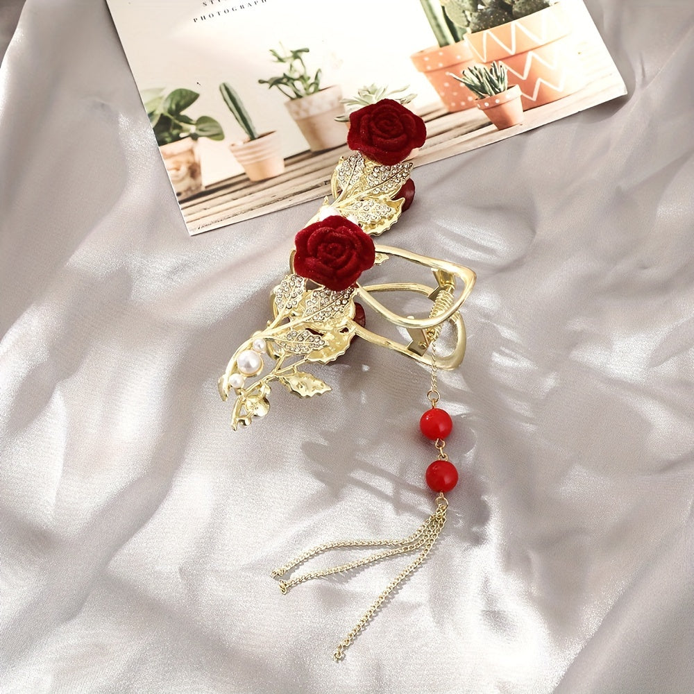 Red Rose Rhinestone Faux Pearl Tassel Hair Claw Clip
