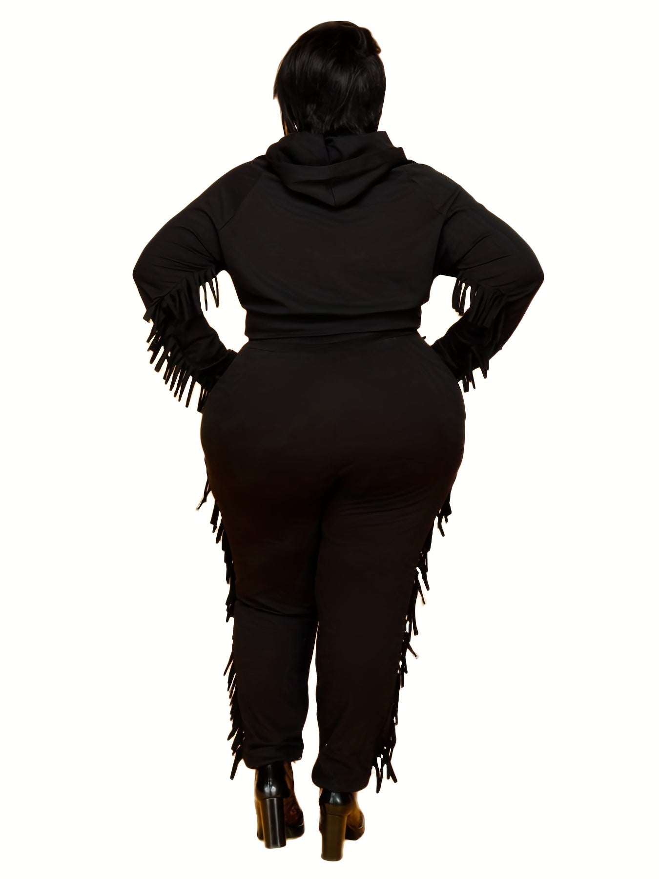  Fringe Trim Hoodie Sweatshirt & Pants Set