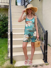 Boho Floral Print Spaghetti Jumpsuit Vacation Sleeveless Short Length Jumpsuit