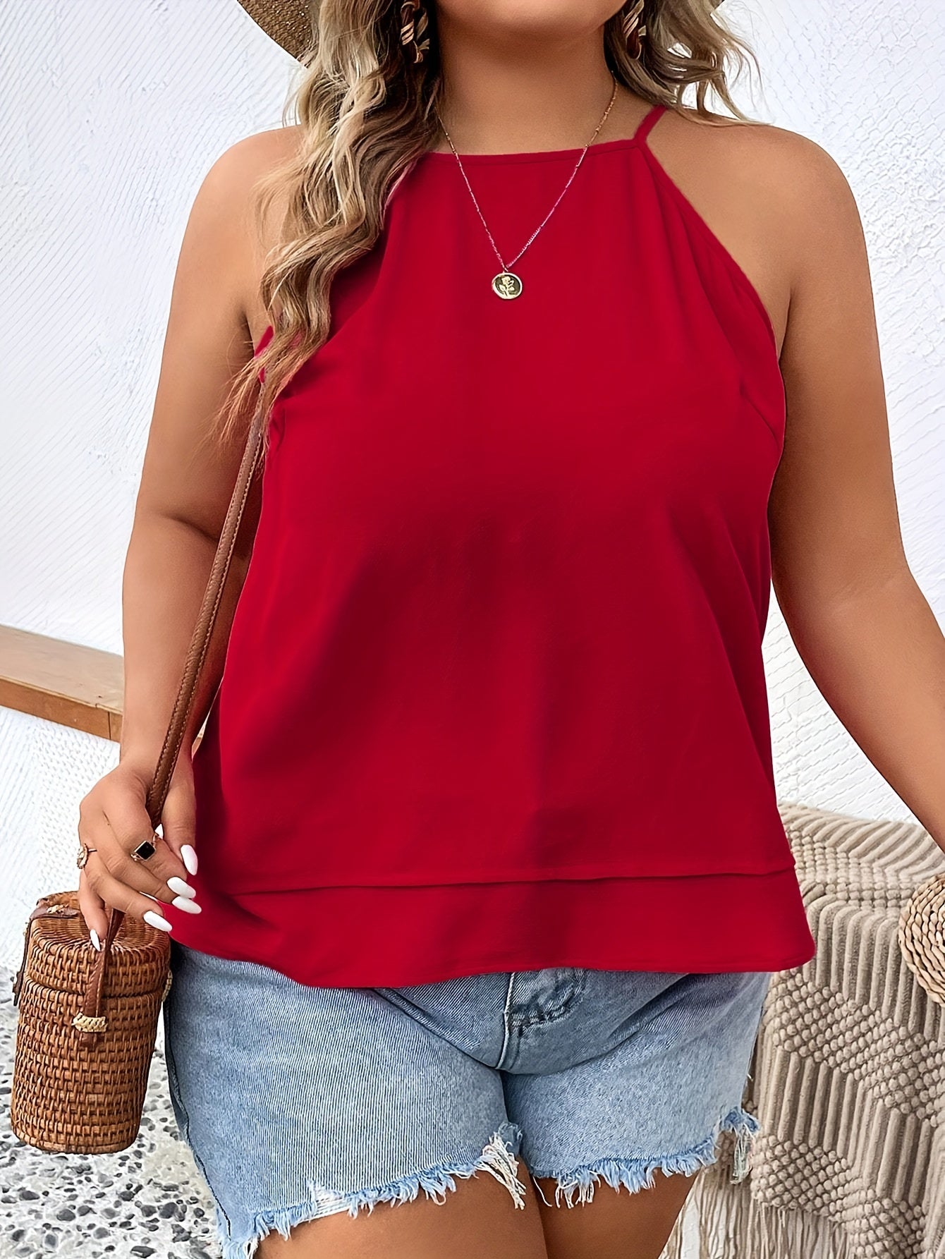  Casual Cami Top Solid Keyhole Back Slight Stretch Cami