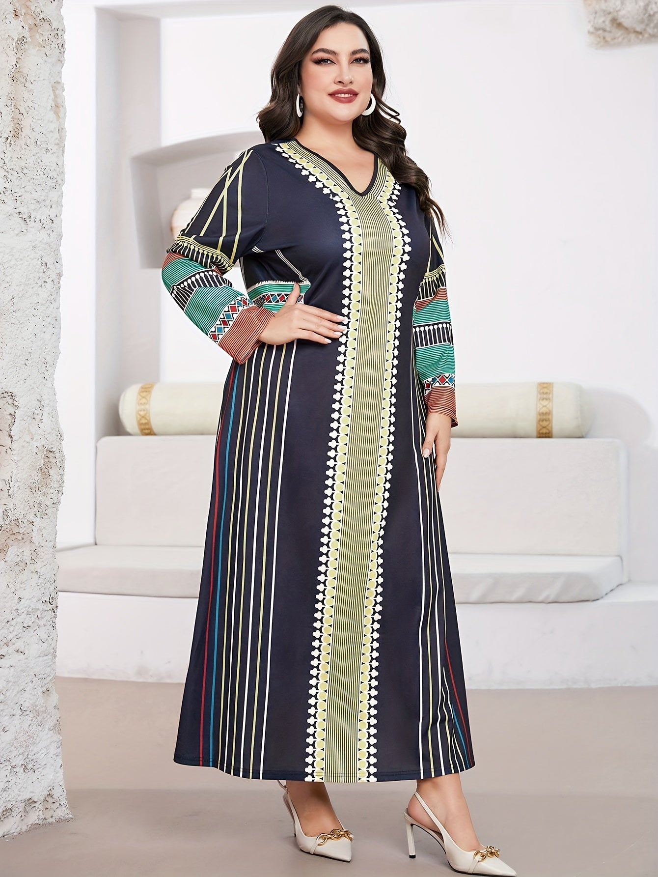  Geometric & Stripe Print Abaya Dress Long Sleeve Maxi Jalabiya