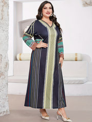  Geometric & Stripe Print Abaya Dress Long Sleeve Maxi Jalabiya