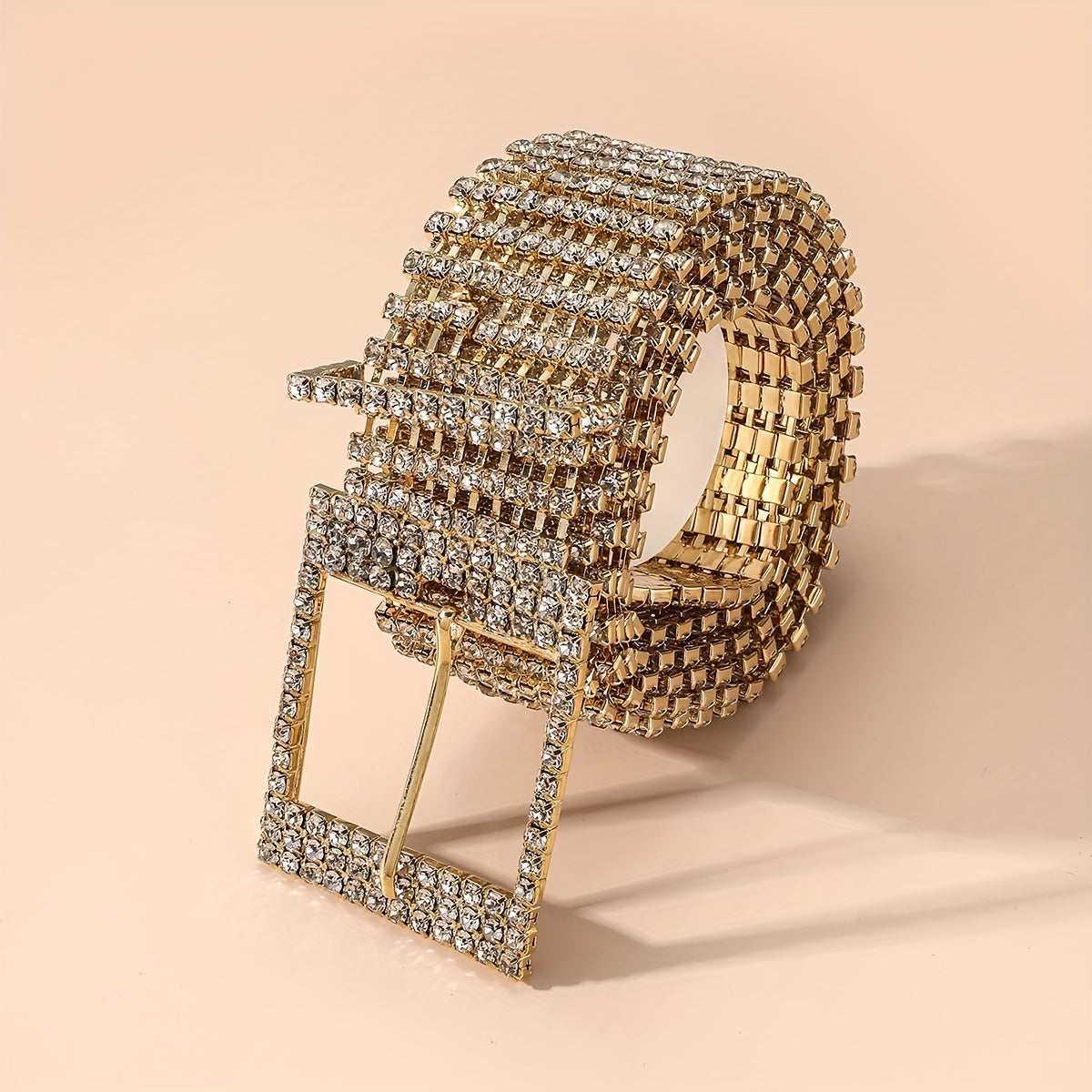 Rhinestone Inlaid Metal Square Buckle Belt Stylish Hollow Out Wide Dress Girdle