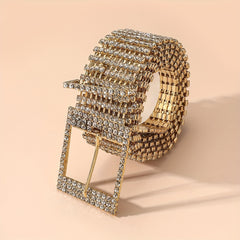 Rhinestone Inlaid Metal Square Buckle Belt Stylish Hollow Out Wide Dress Girdle