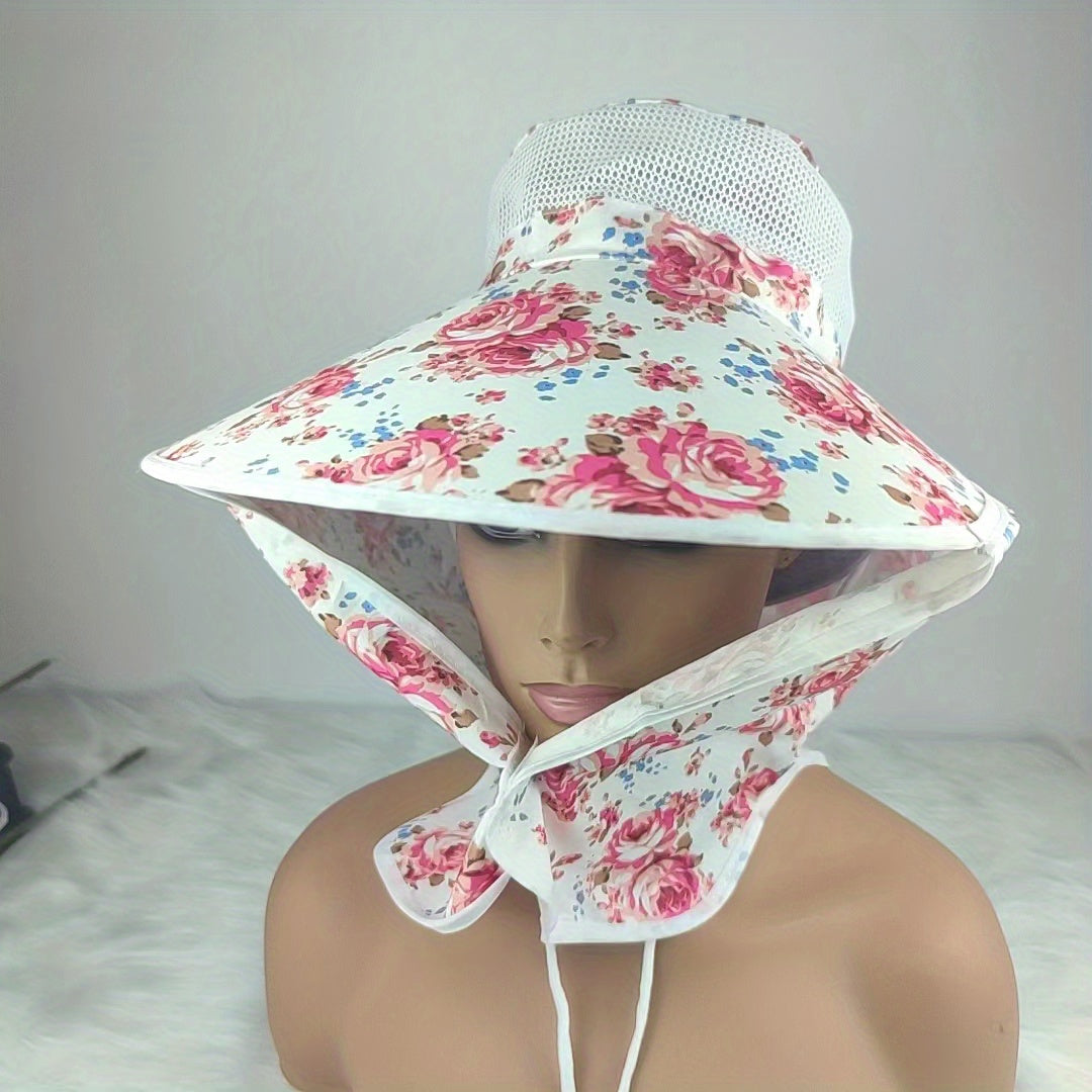 Flower Print Visor Wide Brim Sunscreen Ponytail Travel Beach Cap