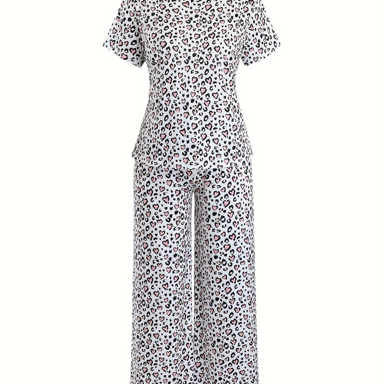 Heart Leopard Pajama Set Short Sleeve Tee & Pants Home Wear