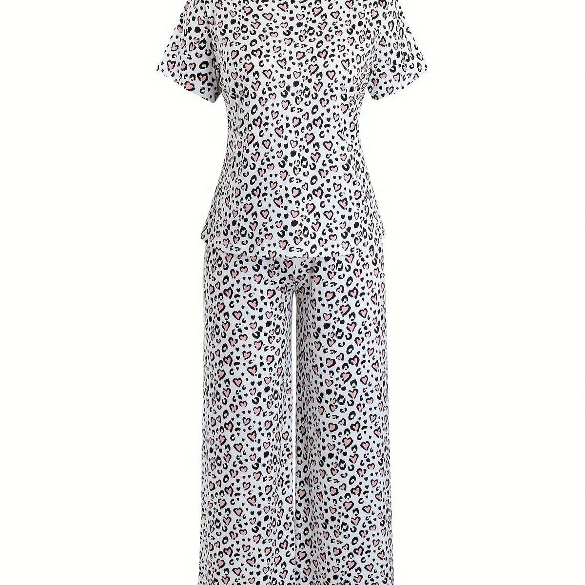  Heart Leopard Pajama Set Short Sleeve Tee & Pants Home Wear