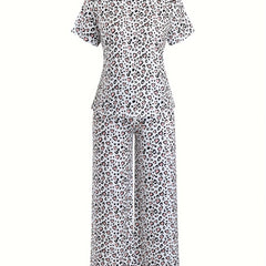  Heart Leopard Pajama Set Short Sleeve Tee & Pants Home Wear