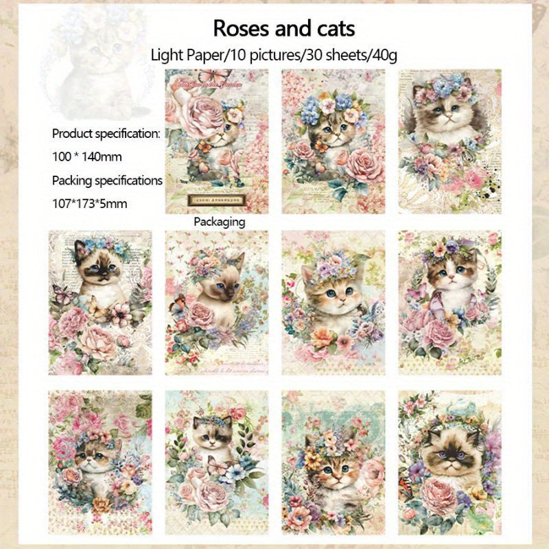 Whimsical Garden Cat Collage Kit - 30 Sheets