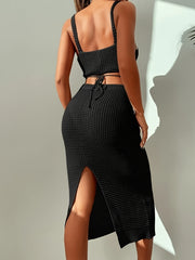 Knitted Two piece Set Spaghetti Crop Top & High Waist Split Skirts