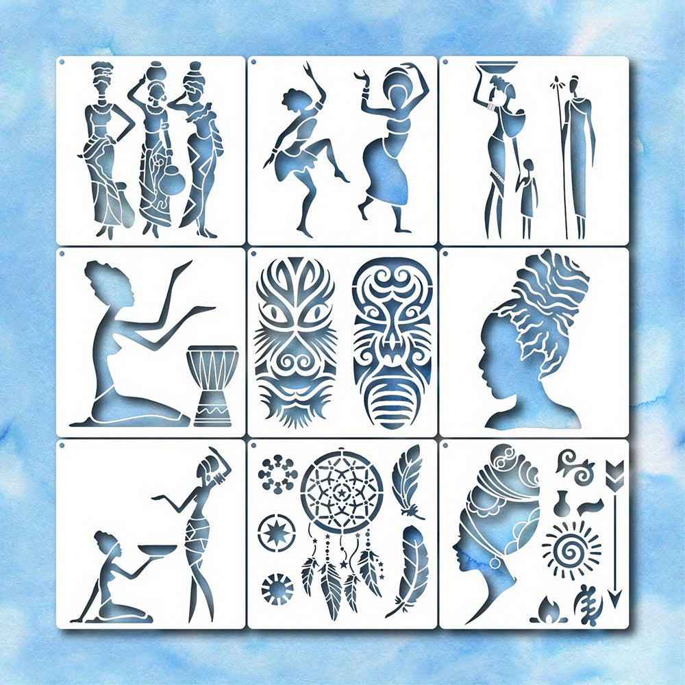 9pcs African Tribal Stencils Mask Stencil Template with Metal Ring