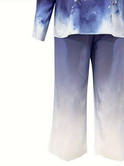  Ombre & Floral Print Long Sleeve Top & Pants Set