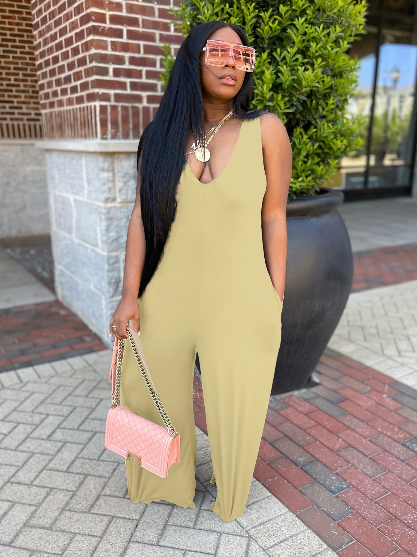 Solid Square Neck Sleeveless Jumpsuit Casual Street Bodycon Jumpsuit