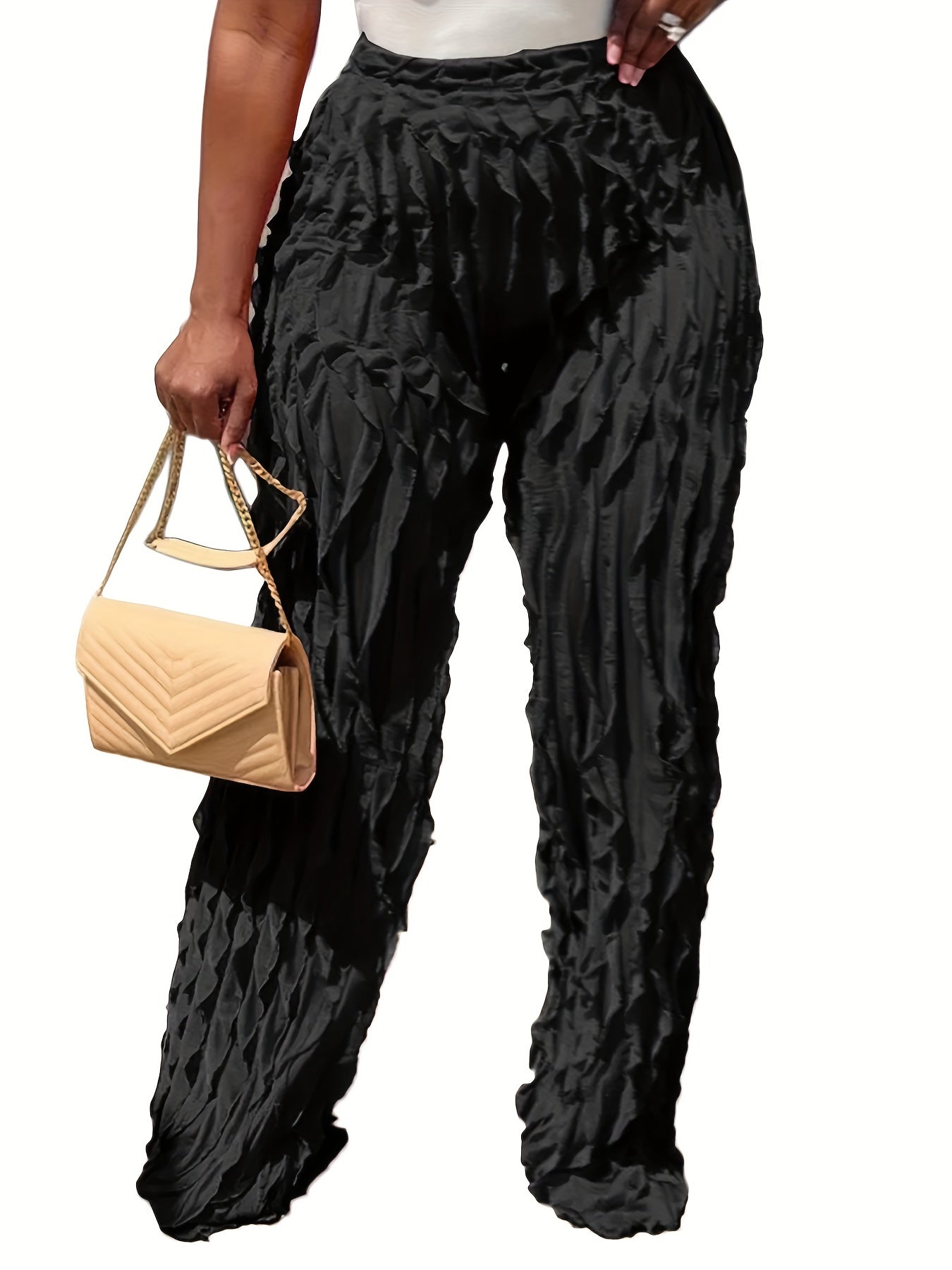  Casual Pants Women's Plus Solid Ruffle Trim Elastic High Rise Trousers