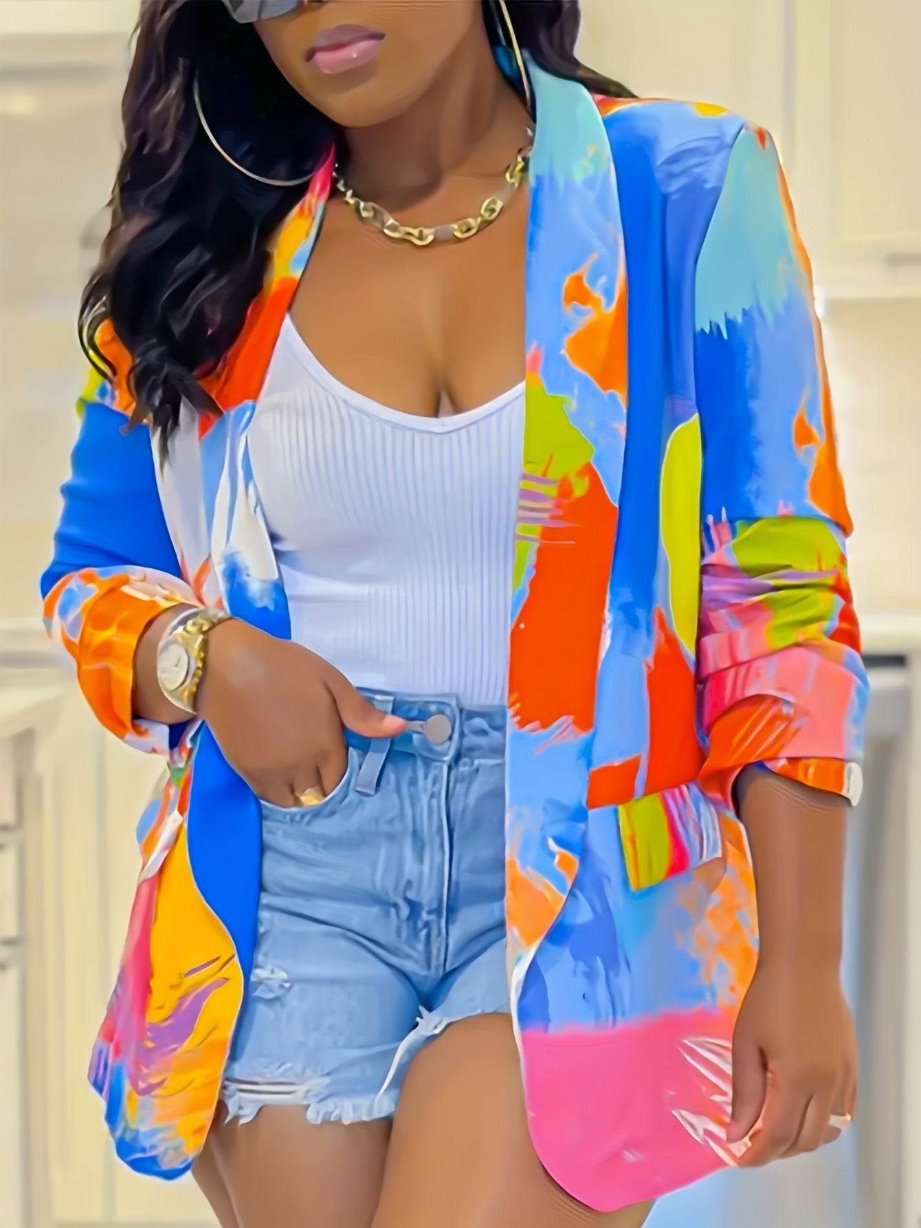  Women's Contrast Lapel Collar Slim Fit Blazer